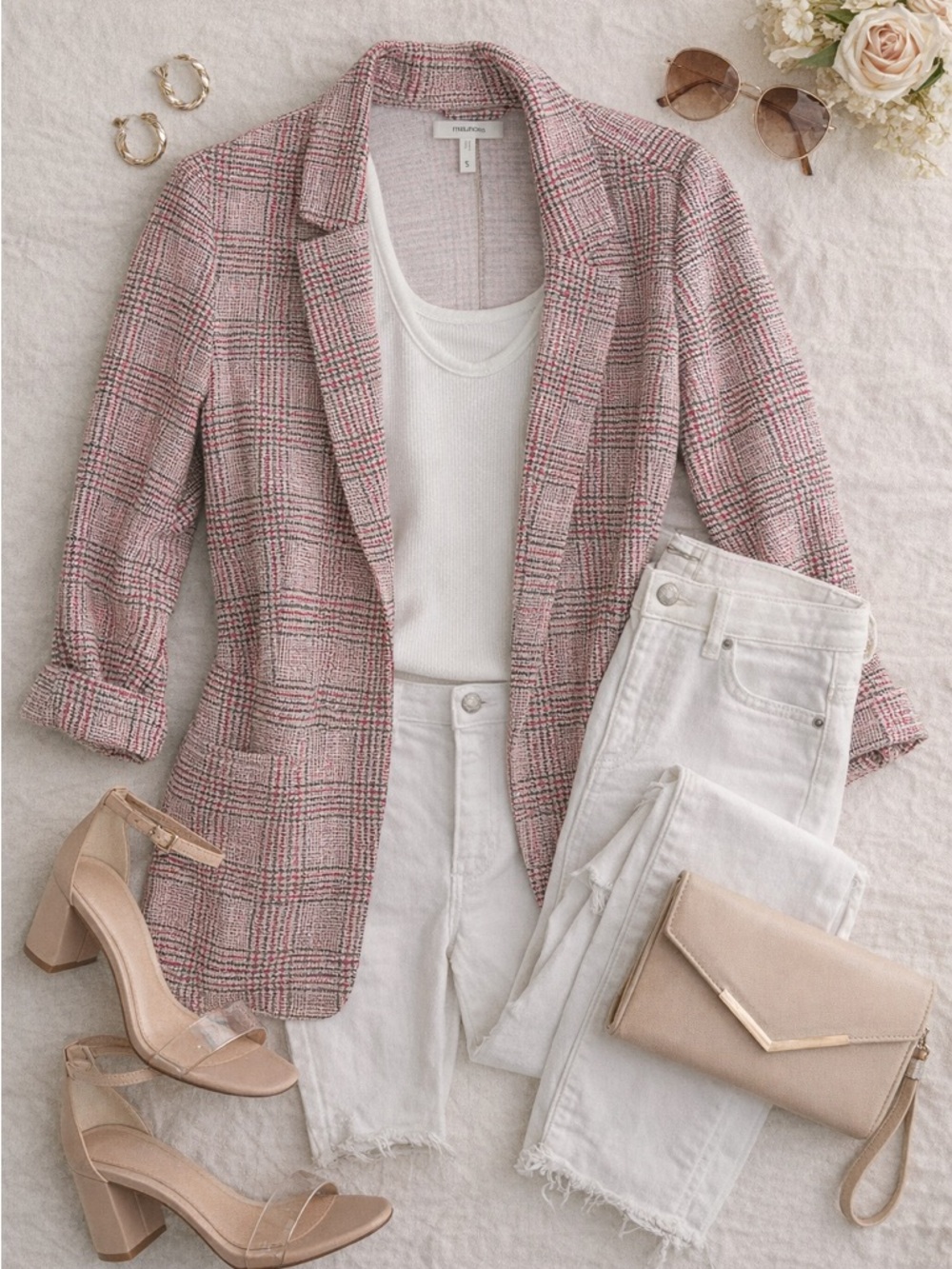 Maurices Pink Plaid Knit Blazer Small | Lightweight Spring Layer